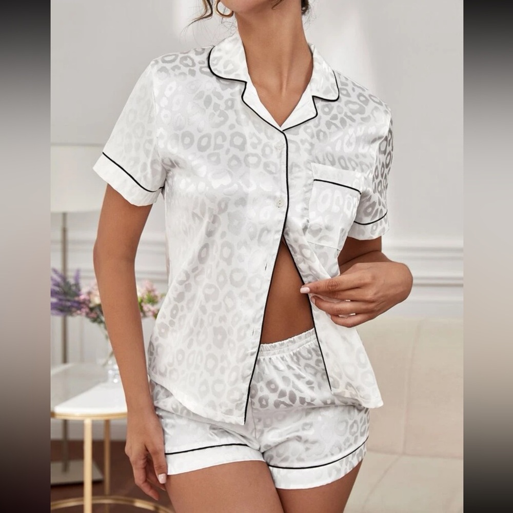 White cheetah print satin pajamas